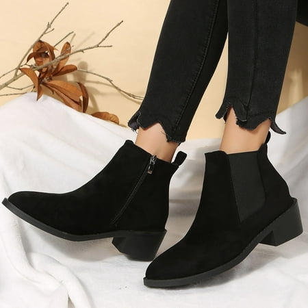 

KEUSN Autumn and Winter Women Ankle Boots T With Low Heel Pointed Side Zipper Solid Color Black Suede Simple and Comfortable