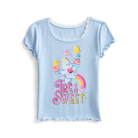 Care Bears Girls Purl Edge Graphic Tee with Short Sleeves, Sizes 4-16