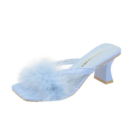 

sandals for Women Fashion Summer Women Sandals Chunky Heel Medium Heel Fluff Thong Casual Style PU Dress Sandals for Women Light Blue