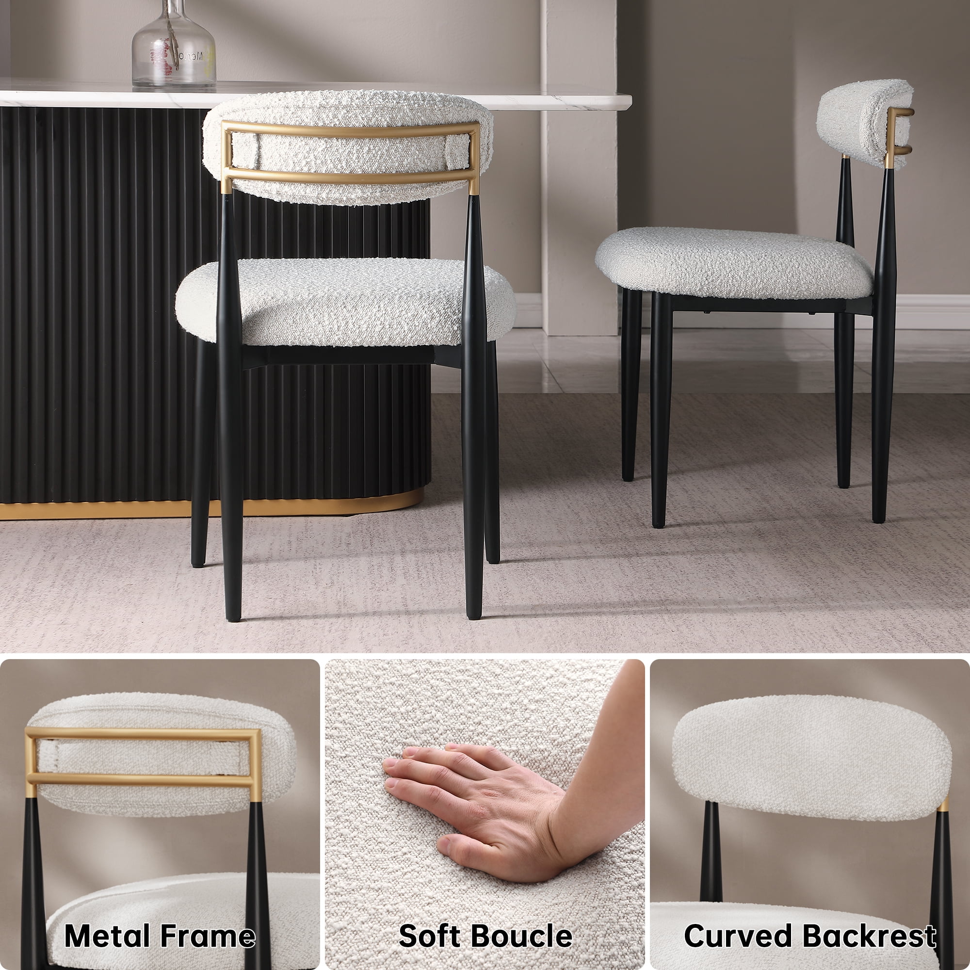 Morden Fort Boucle White Dining Chairs Set of 6, Mid-Century Boucle Chairs for Kitchen, Reception, Living Room, Apartment