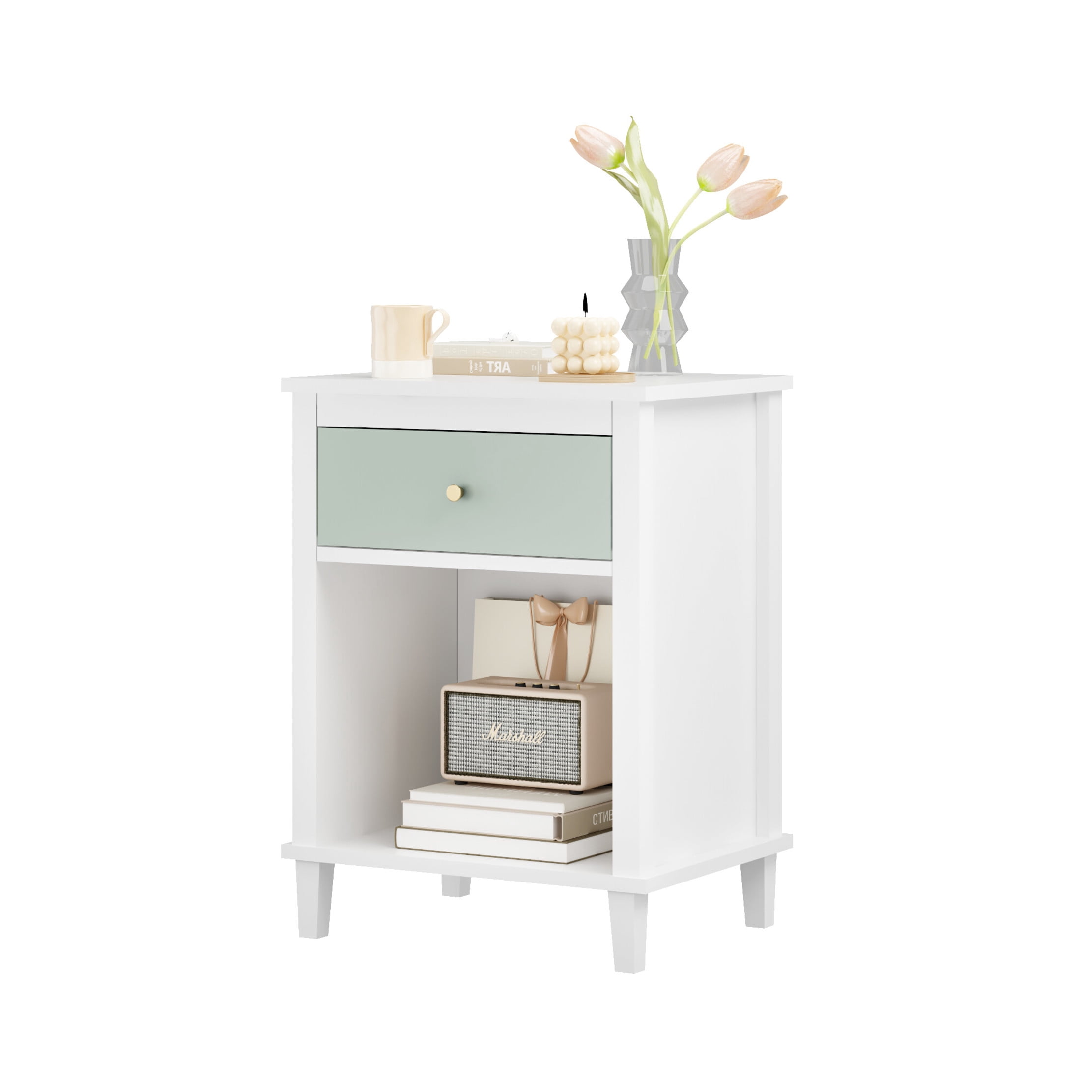 Reina Noble House 26.8" Wooden Nightstand with Drawer & Shelf for Kids' Room, Gold Handle, White & Sage Green