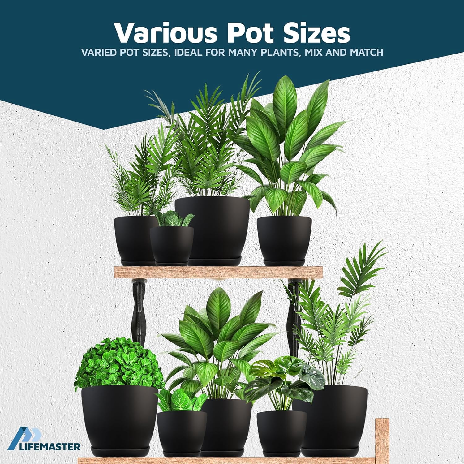 Black Plant Pots with Drainage Holes & Saucers 3 Packs, Indoor & Outdoor Stackable Plastic Planters in Multiple Sizes for Houseplants & Flowers, Durable & Weatherproof Materials, Matte Finish