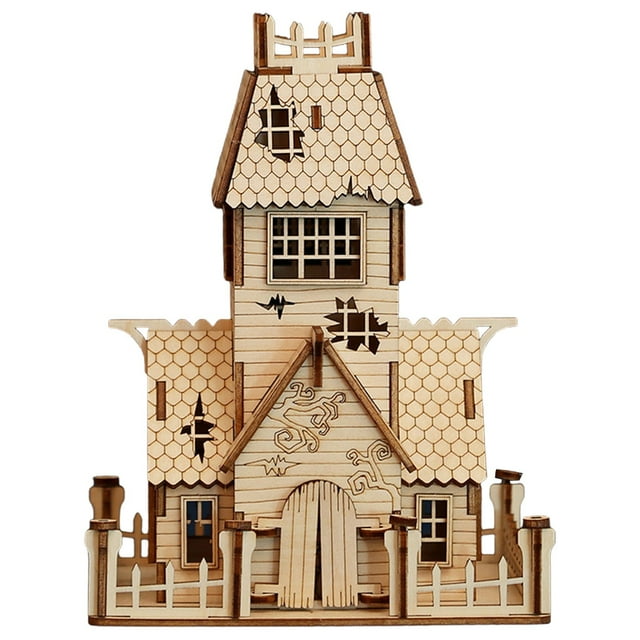 3D Wooden Halloween House Puzzles for Adults and Kids - Creative Spooky Cottage Assembly Model Building Kits with Detailed Instructions for Home Decoration and Family Fun Activity