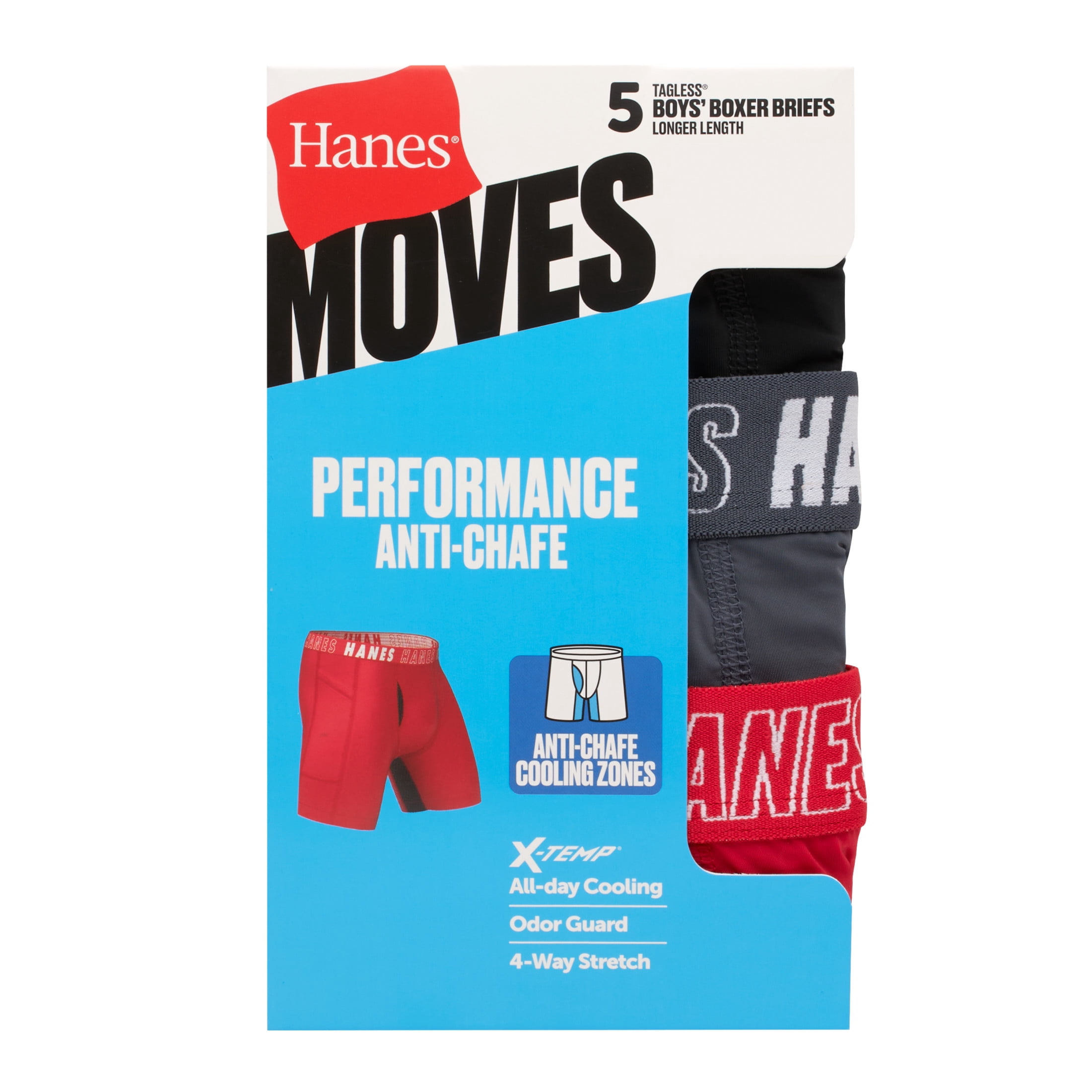 Hanes Boys Underwear Long-Leg Boxer Briefs, 5-Pack, Moves Anti-Chafing, Moisture-Wicking Underwear