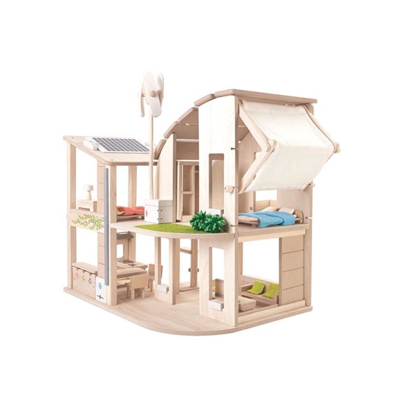 PlanToys® Green Wooden Dollhouse with Furniture | Eco Friendly Doll House with Solar Panel, Wind Turbine & Recycling System | Pretend Play Dollhouse for Sustainable Living Role Play