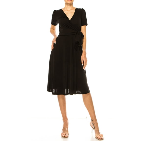 MOA COLLECTION Women's Stylish Solid Faux Wrap Dress with Deep V-Neck