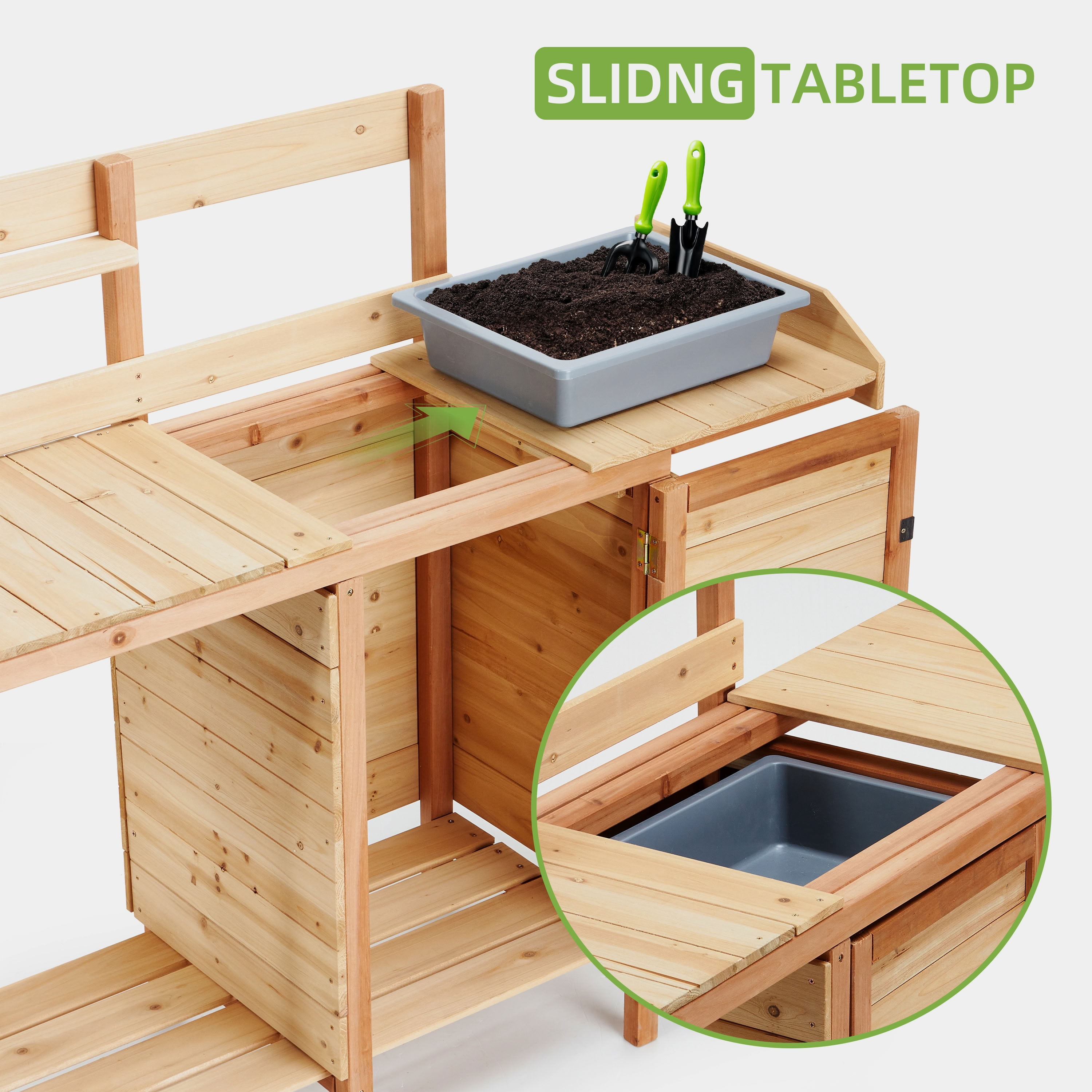 MAYEERTY Outdoor Wooden Potting Bench with Sink, Removable Tray & Side Hooks, Garden Workstation for Patio, Backyard