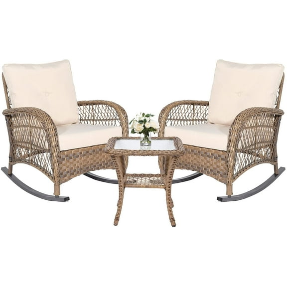 MEETWARM 3 Pieces Patio Wicker Rocking Chair Set, Rattan Outdoor Rocker Chairs Set with Cushions and Glass-Top Coffee Table, Conversation Bistro Set for Porch & Backyard - Beige