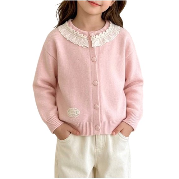Jalioing Toddler Girls Sweater Cardigan Cute Lace Patchwork Long Sleeve Crew Neck Button Down Knit Cardigans 0-8 Years