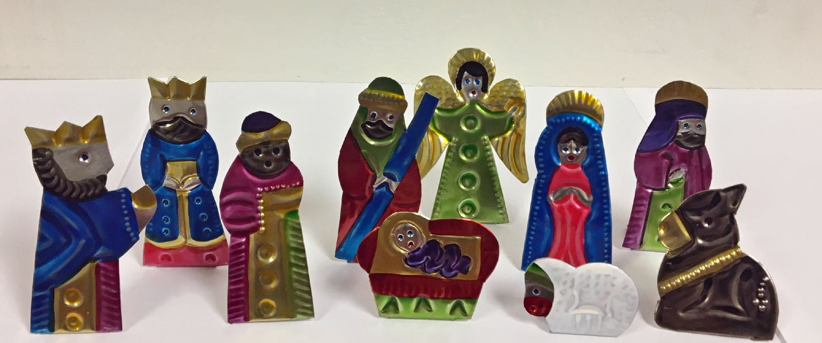 10 Piece Colorful Tin Mexican Christmas Nativity Scene Set in Box Made
