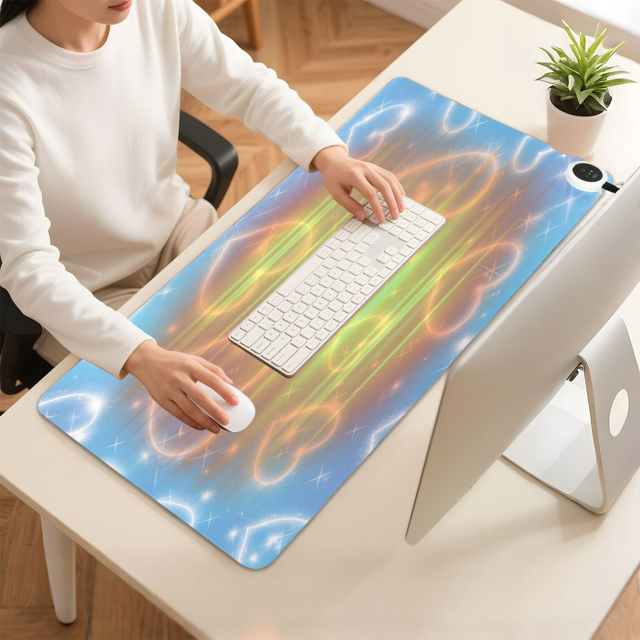 Large Heated Desk Mat Mouse Pad 31.5"x13"PU Leather Graphene Heating Desk Warmer with 3 Temperature Settings 110V US Plug Non-Slip Warm Pad for Home, Office, and Gaming Blue Diamond Heart Shower