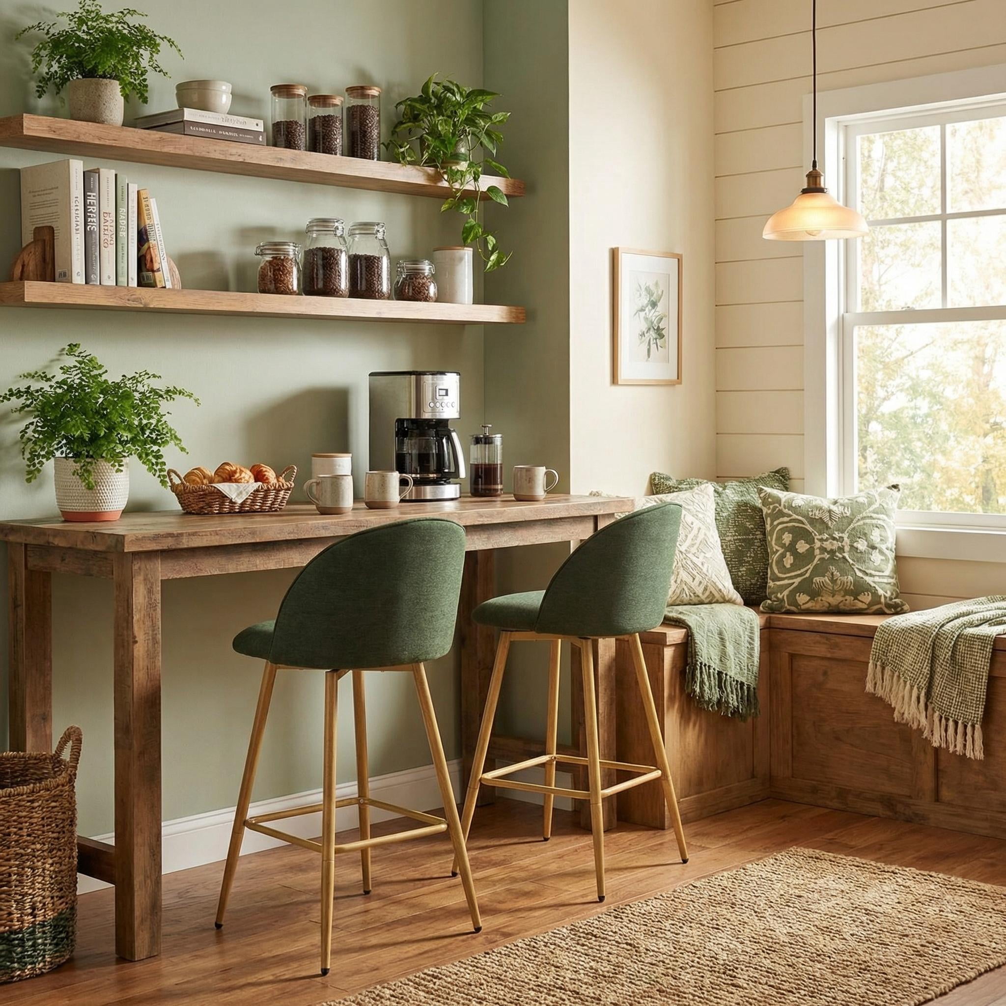 Homy Casa 26" Swivel Counter Height Bar Stools, Set of 2, Kitchen Island Chairs, Forest Green