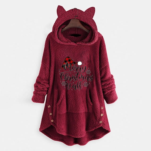 Puntoco Mujer Casual Navidad Impresión Botones De Felpa Manga Larga Con Capucha Abrigo De Felpa Top Puntoco Puntoco-4417