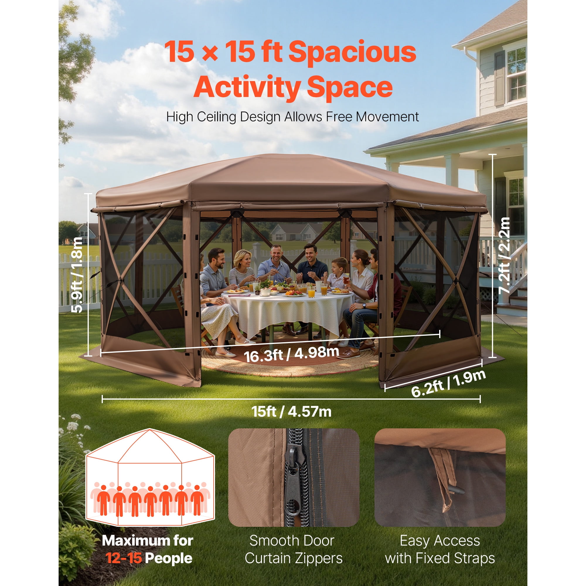 KFFKFF Pop-Up Gazebo Screen Tent, 15 x 15 ft 8-Sided Canopy with Detachable Roof & Storage Bag, Easy Setup & Insect-Resistant, Screened Sun Shelter for 12-15 People Outdoor Use, Brown