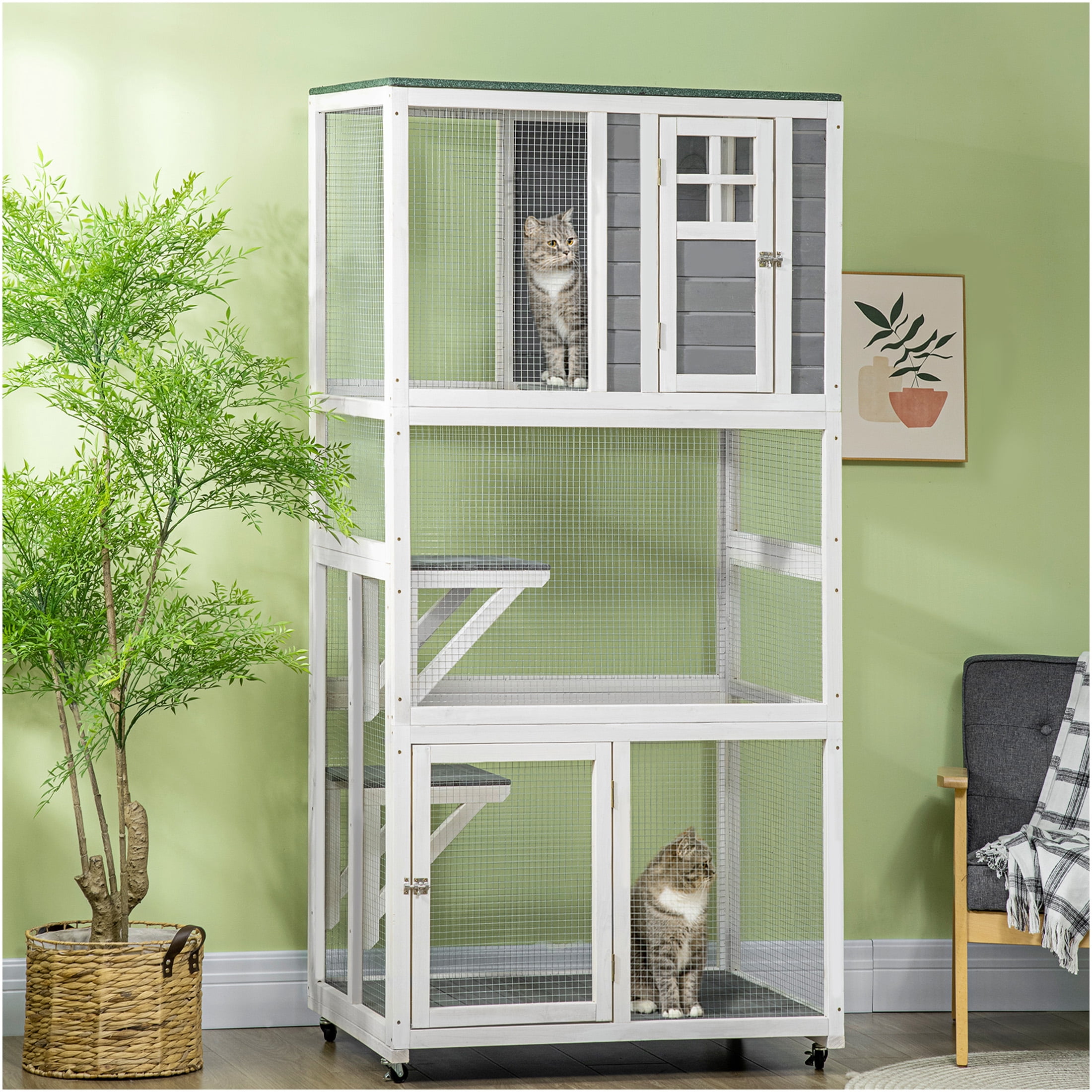 JERFIT 74 Inch Outdoor Cat House with Wheels, Weatherproof Wooden Catio Enclosure, Large Gray Cat Cage Condo for Indoor Outdoor Use