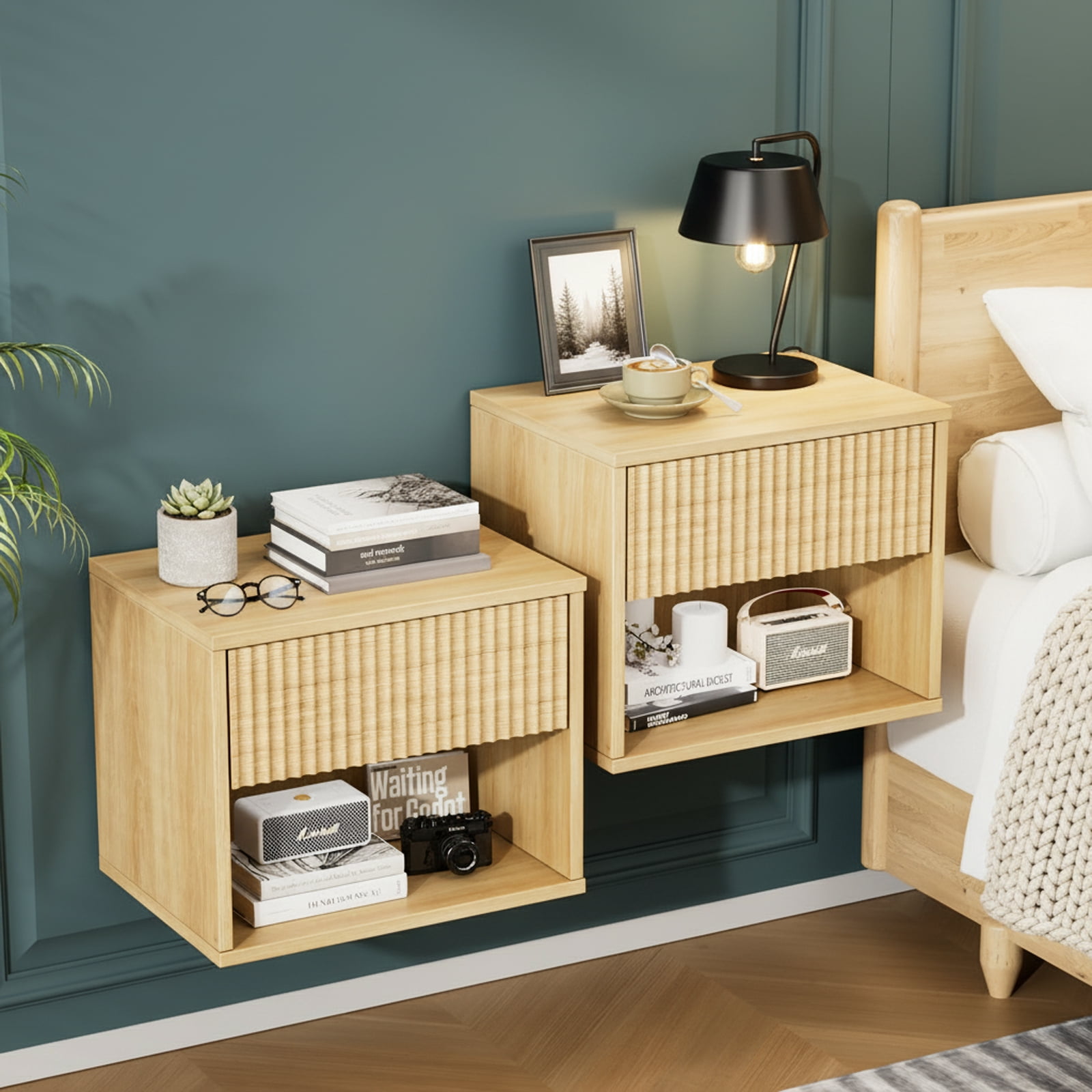 Zimtown Fluted Floating Nightstand Set of 1, End Table Wooden Bedside Table Large Capacity Easy to Assemble, Oak