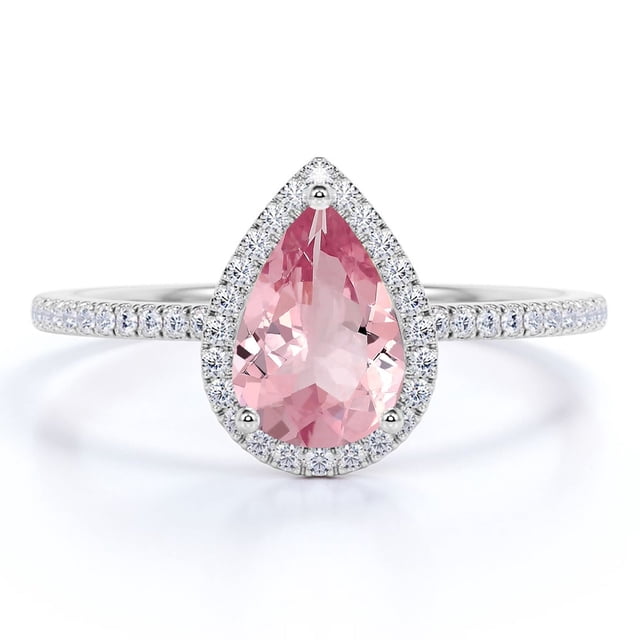 JeenMata Anillo de Compromiso de 1 Quilate con Piedra Natal de Octubre en Corte de Pera - Anillo de Bodas - Anillo de Halo - Anillo Pavé - Anillo de Promesa - Baño de Oro Blanco de 18 K sobre Plata