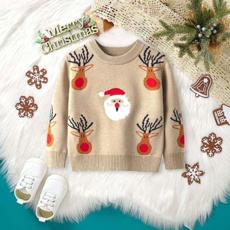 

QIANGONG Boys Sweaters Christmas Elk Boys Sweaters Crew Neck Long Sleeve Boys Sweaters Khaki 18-24 Months