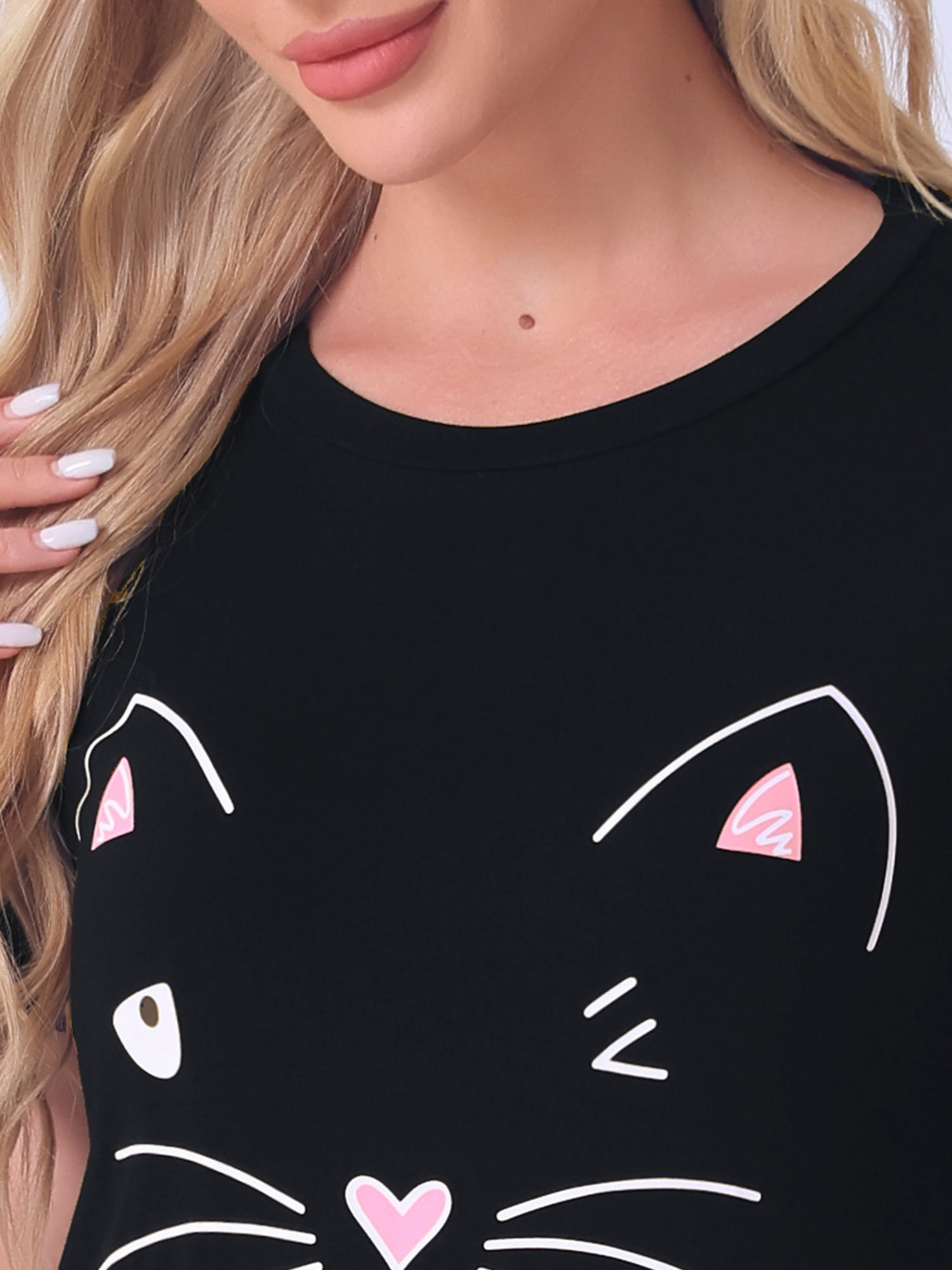 DARING DIVA Women's Cats Cute Printed Short Sleeve Nightgowns XS Black