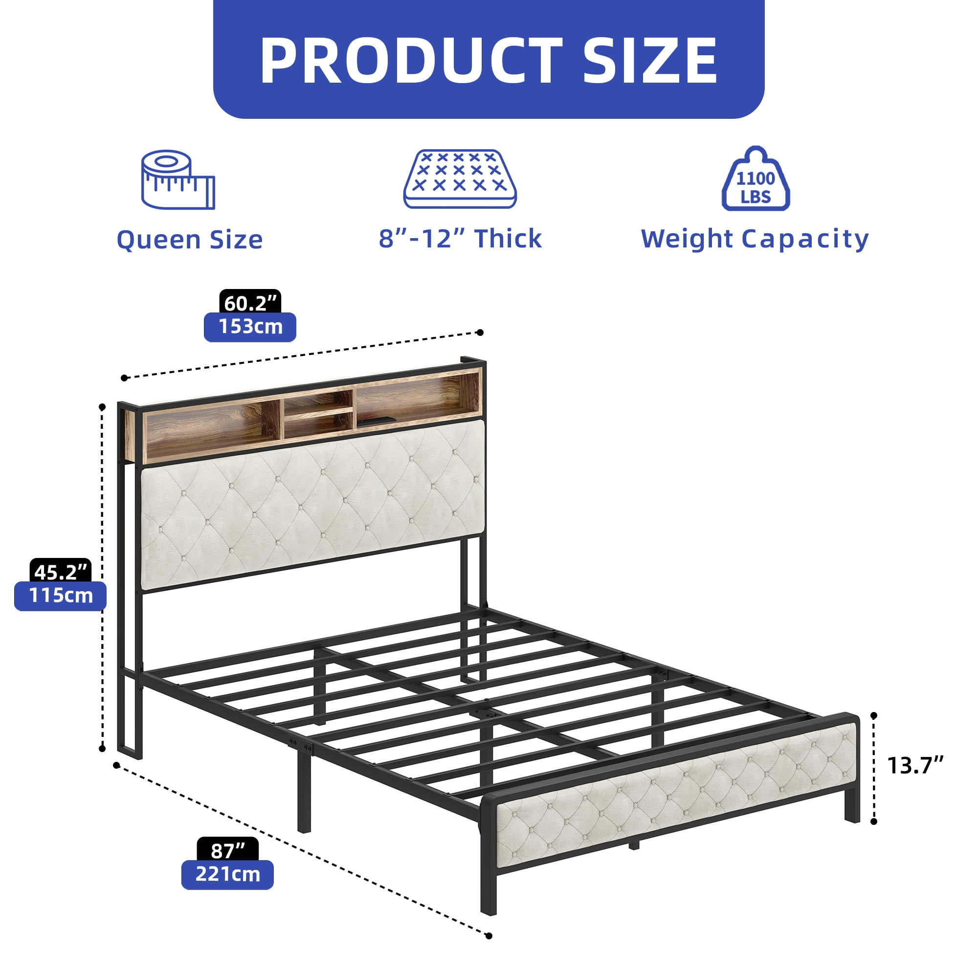 DEXTRUS Industrial Retro Style Queen Modern Linen Bed Frame with Headboard