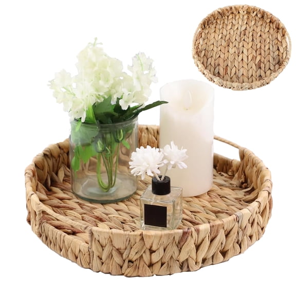 Natural Water Hyacinth Round Serving Tray,Hand Woven Tray Storage Baskets,Wicker Serving Trays with Built-in Handles, Water Hyacinth Storage Bins for Fruit,Arts and Crafts(11x 2.4inch)