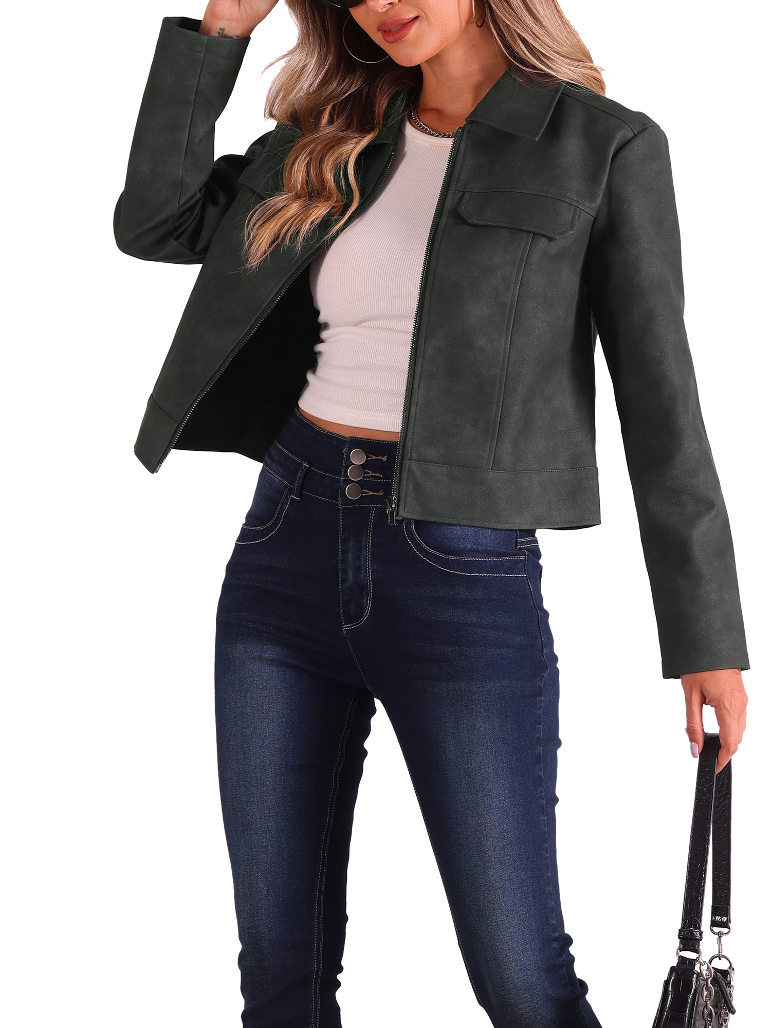 INSPIRE CHIC Women's Faux Leather Jacket Turndown Collar Long Sleeve Zip Jackets L Black