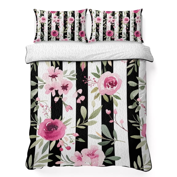 King Quilt Set 96''x106'', Pink Roses Lightweight Bedspread Coverlet Set with 2 Pillow Shams, Romantic Flowers Leaves Floral Black Stripes Breathable All Season Quilt Bedding for Bedroom/Guest Room