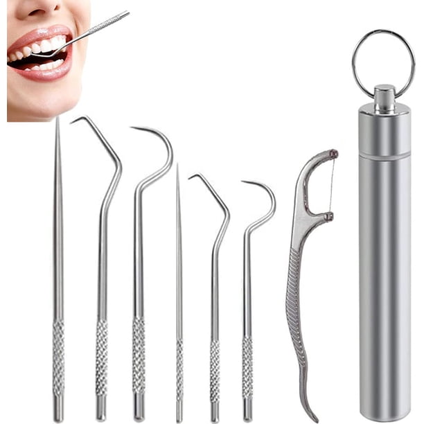 Set Portatile Da 6 Stuzzicadenti In Metallo Riutilizzabili Con Astuccio - Acciaio Inox E Titanio, Con Filo Interdentale, Per Igiene Orale In Viaggio - 2