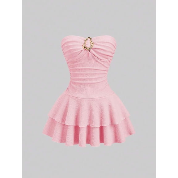 Pink Womens Strapless Ruched Peplum Mini Dress With Ornamental Goldtone Buckle