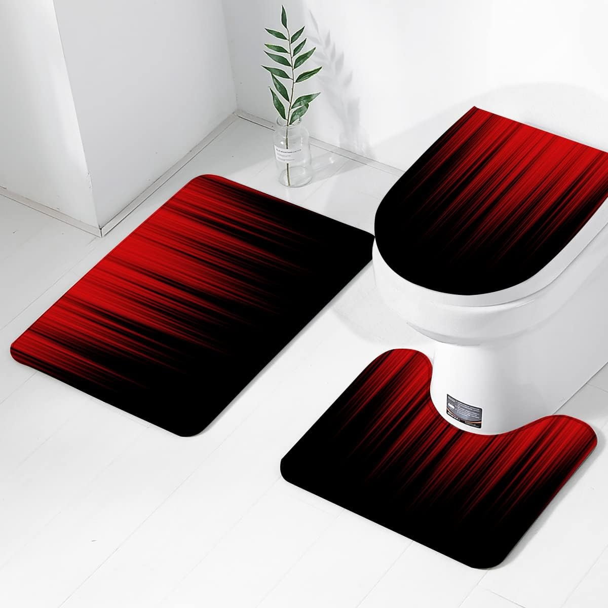 4 Piece Red and Black Shower Curtain Ombre Mens Gothic Abstract Cool Art 72Wx72L Curtains Decor with Non-Slip Rugs, Toilet Lid Cover and Bath Mat Bathroom Accessories Home Bathtub Set