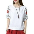thumbnail image 2 of Women's Linen Blend Ruched Blouse - Half Sleeve Rose Graphic Top with Round Neck, Trendy Cottagecore Tee for Casual & Resort Wear 2025, 2 of 3