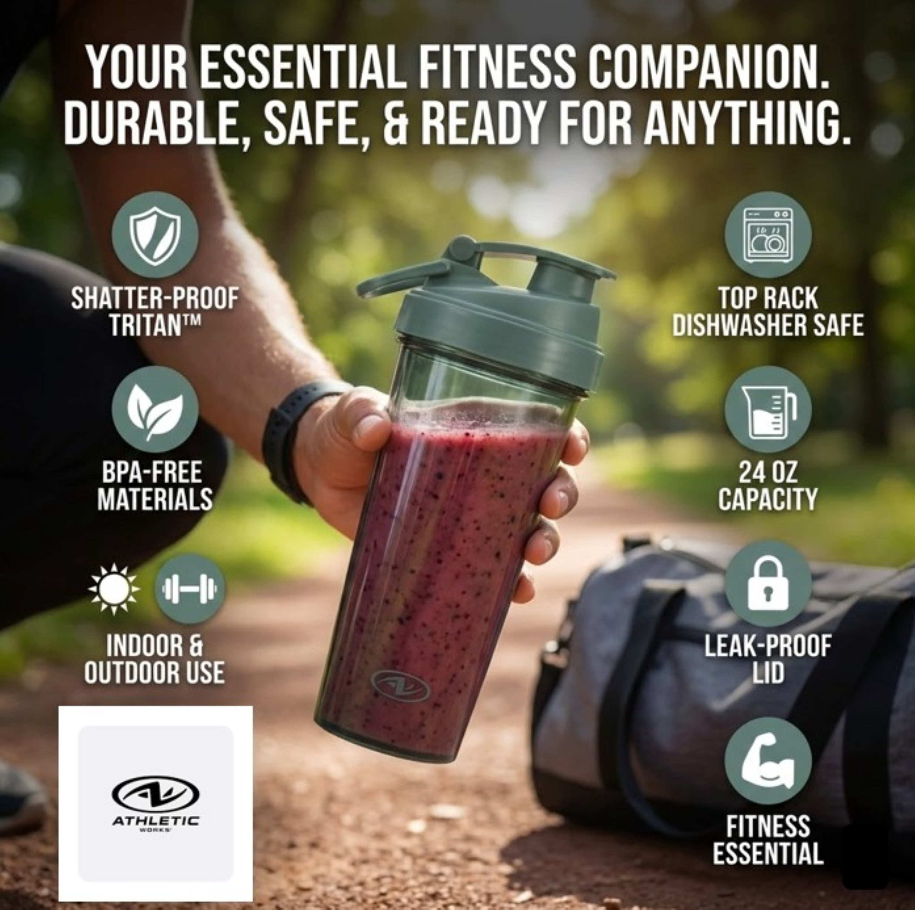 Athletic Works 24 Oz Gray Shaker Bottle for Adults and Teens