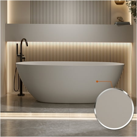 JERFIT 69 Inch Modern Freestanding Soaking Bathtub, Beige Solid Surface Resin Tub with Overflow & Pop-Up Drain for Bathroom