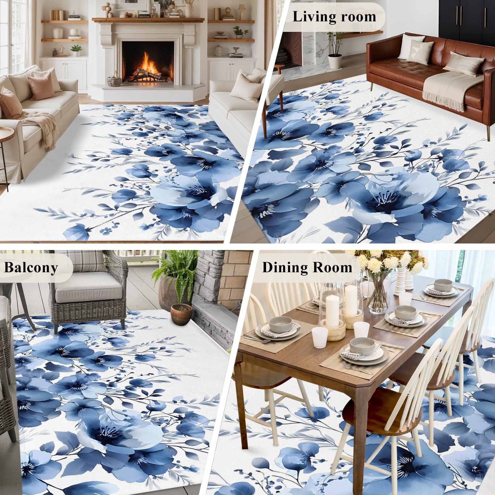 Large Area Rugs for Living Room Bedroom, Blue Blooms Floral 8'x10' Rug Washable Carpet Runner Indoor Outdoor, Farmhouse Spring Flowers Botanical Non Slip Floor Mats Rug for Kitchen, Patio