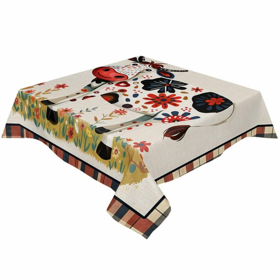 Fall Funny Cow Square/Round Tablecloths 54x54,Farm Animal Flower Leaves Lattice Table Cloth Table Cover Indoor/Outdoor Tabletop Decor for Wedding Holiday Party Dinner Baby Shower