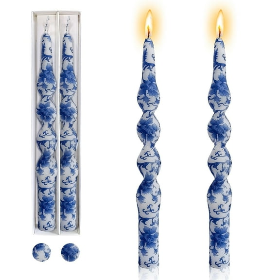 10 inch Original Handmade Taper Candle Blue and White Porcelain Pattern Spiral Candle Unscented Candlestick for Home Decoration Weddings Party Gift, 2 Pcs