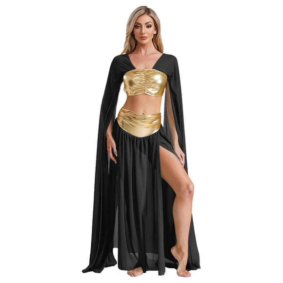 YONGHS Womens Queen Cleopatra Dress up Egyptian Greek Ancient Roman Outfit Crop Top with Chiffon Skirts Black S