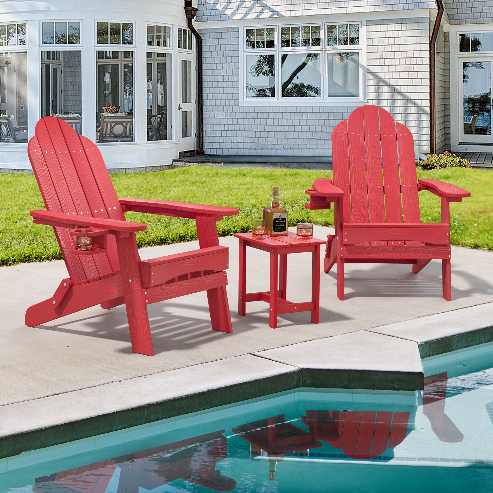 Dycanpo Folding Adirondack Chair Set of 6, Fire Pit Patio Garden Chair with Cup Holder, Bright Red