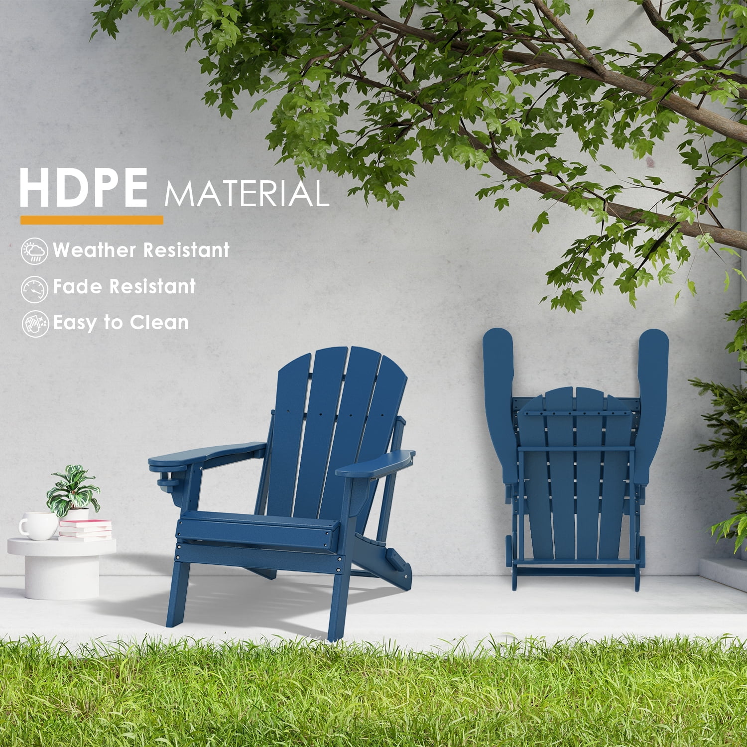 Pipopa Outdoor Folding HDPE Adirondack Chair Set of 2 with Cup Holder,All-Weather Patio Chair for Garden,Backyard,Pool,Blue