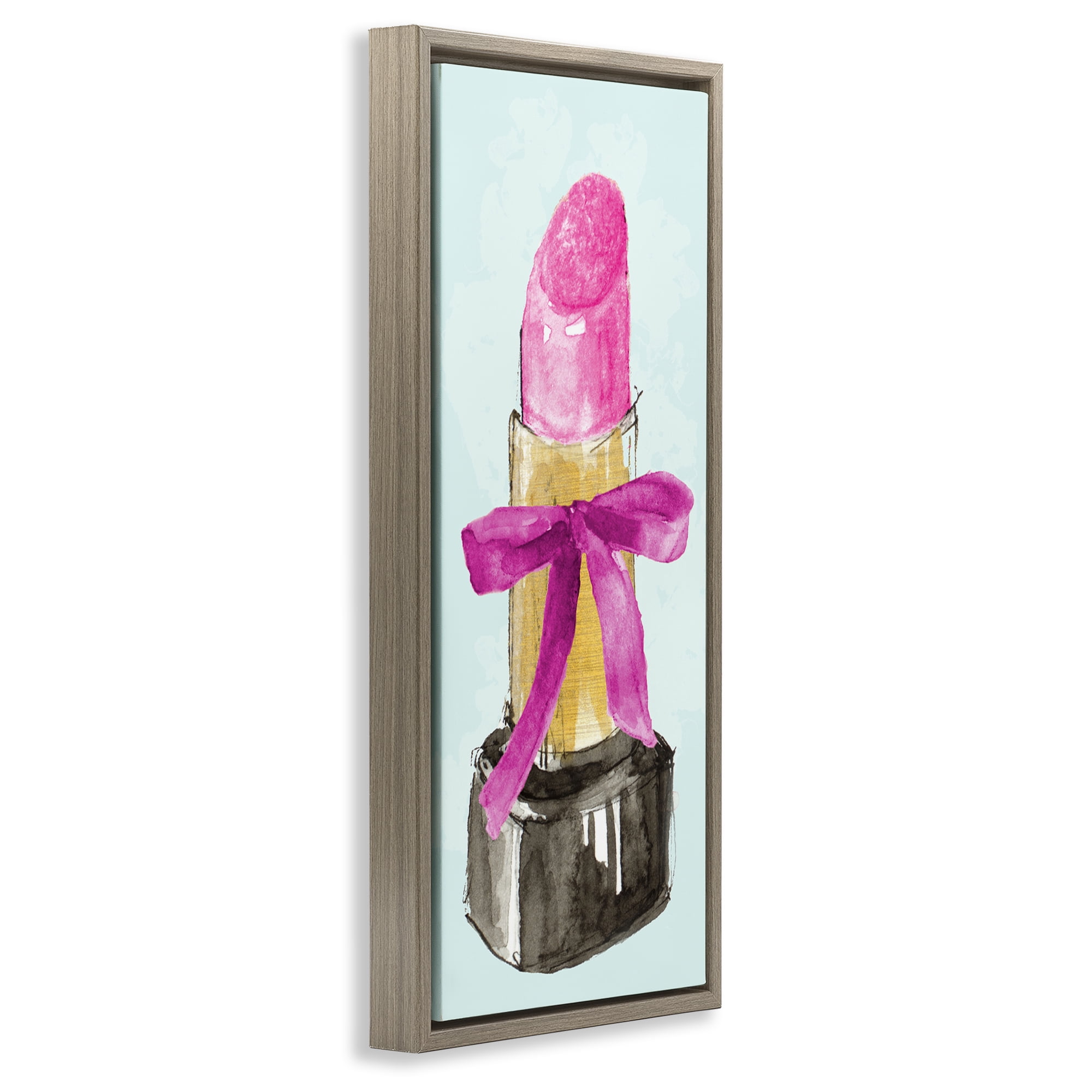 Stupell Industries Lipstick & Pink Bow Fashion Painting Brown Floater Framed Canvas Art Print Wall Art, 11 x 25