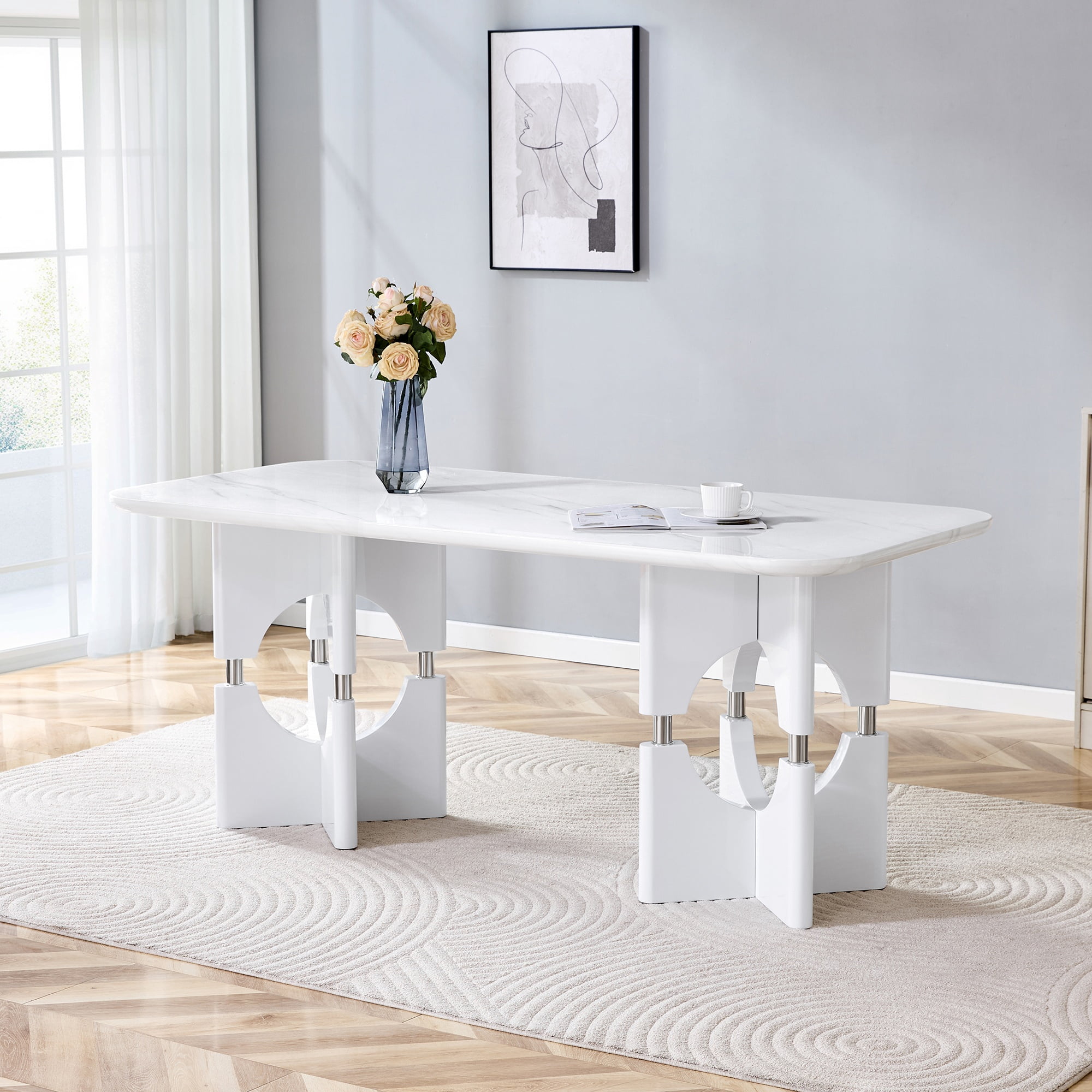 Alvantor 71" White Marble Pattern MDF Dining Table with Metal Frame