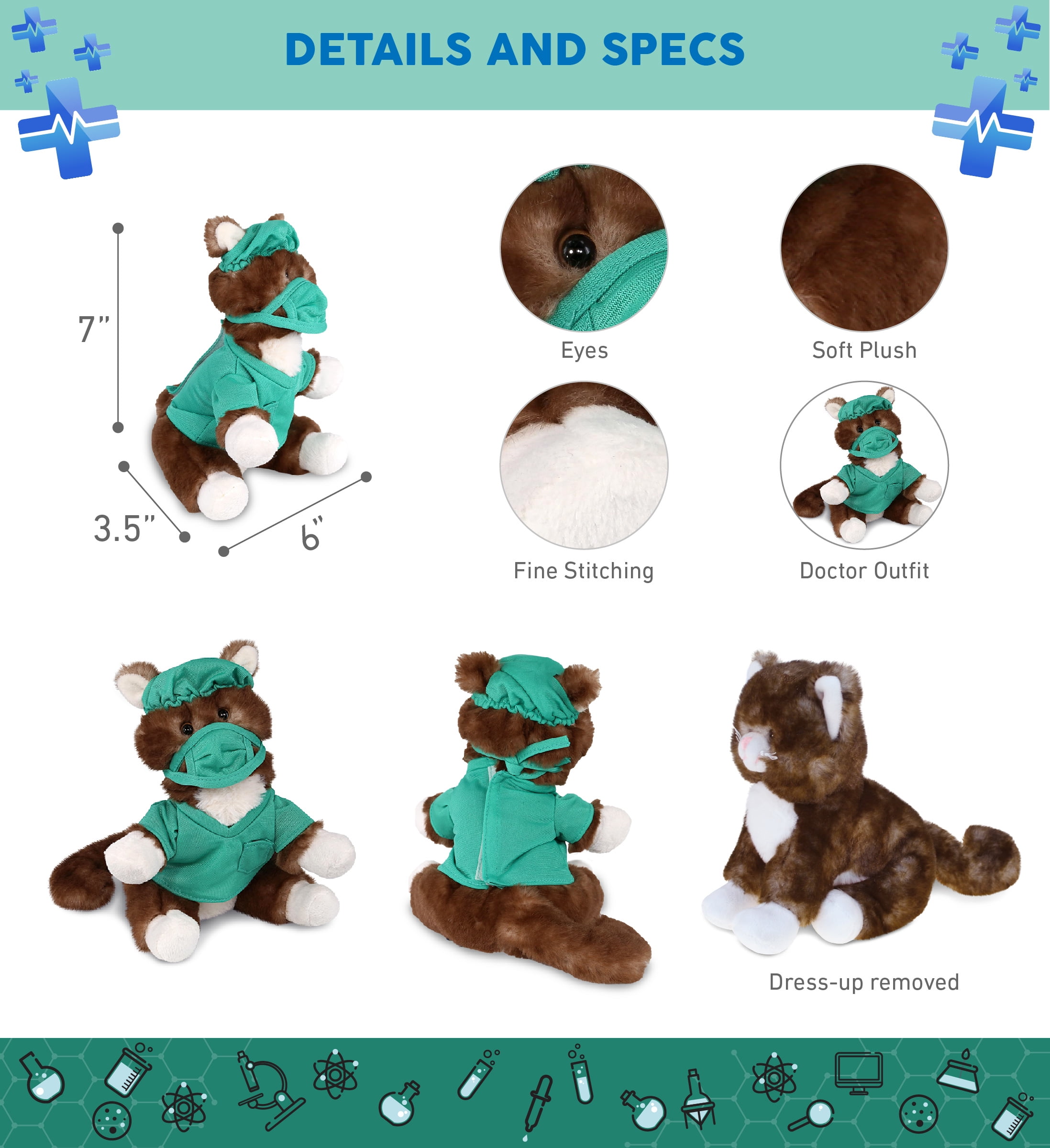 DolliBu Brown Cat Doctor Plush Toy - Super Soft Brown Cat Doctor Stuffed Animal Dress Up with Cute Scrub Uniform and Cap Outfit - Fluffy Doctor Toy Plush Gift - 7 Inches