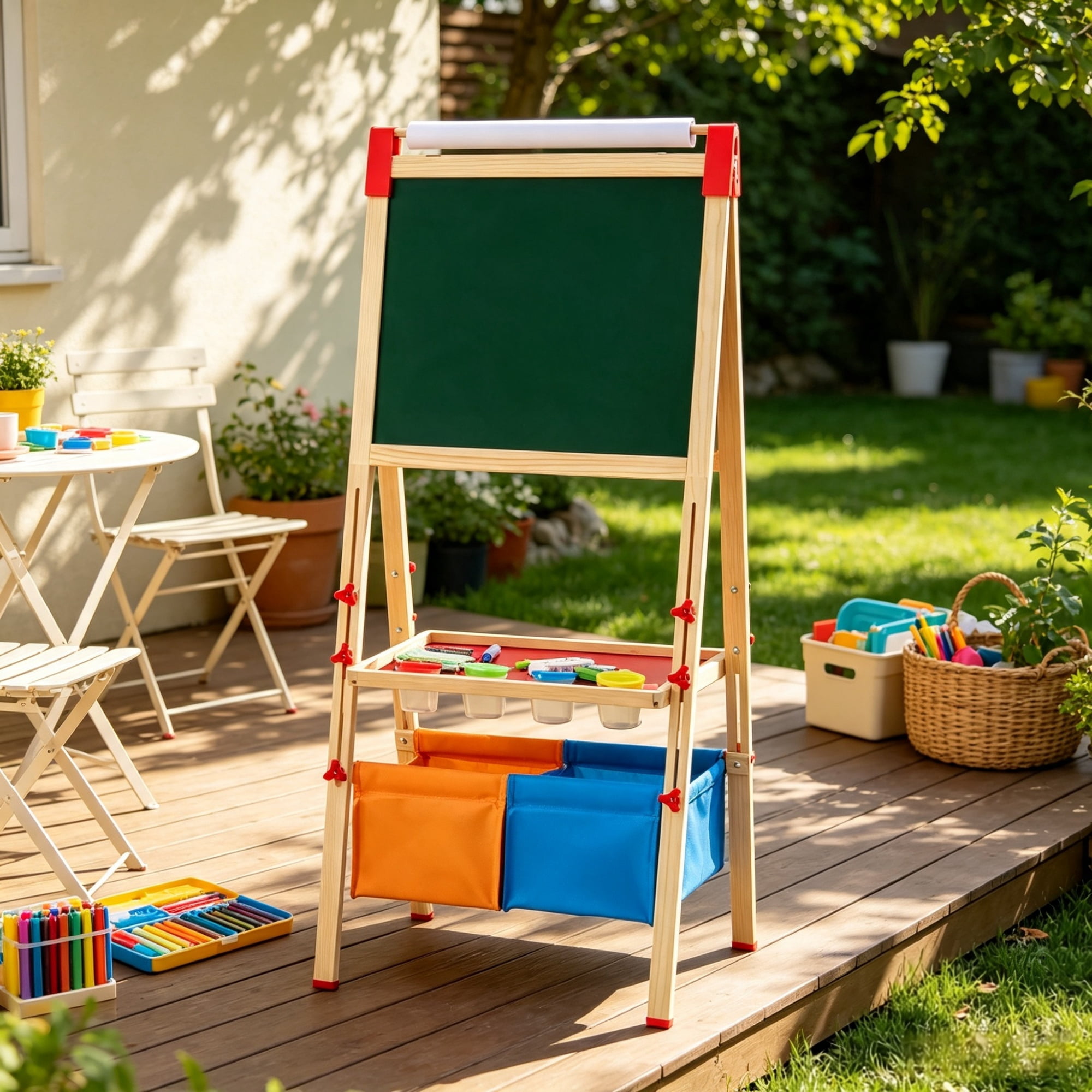 3 in 1 Kids Art Easel, Wooden Double-Sided Magnetic Whiteboard & Chalkboard with Paper Roll, Adjustable Standing Drawing Board with Painting Accessories, for Boys Girls