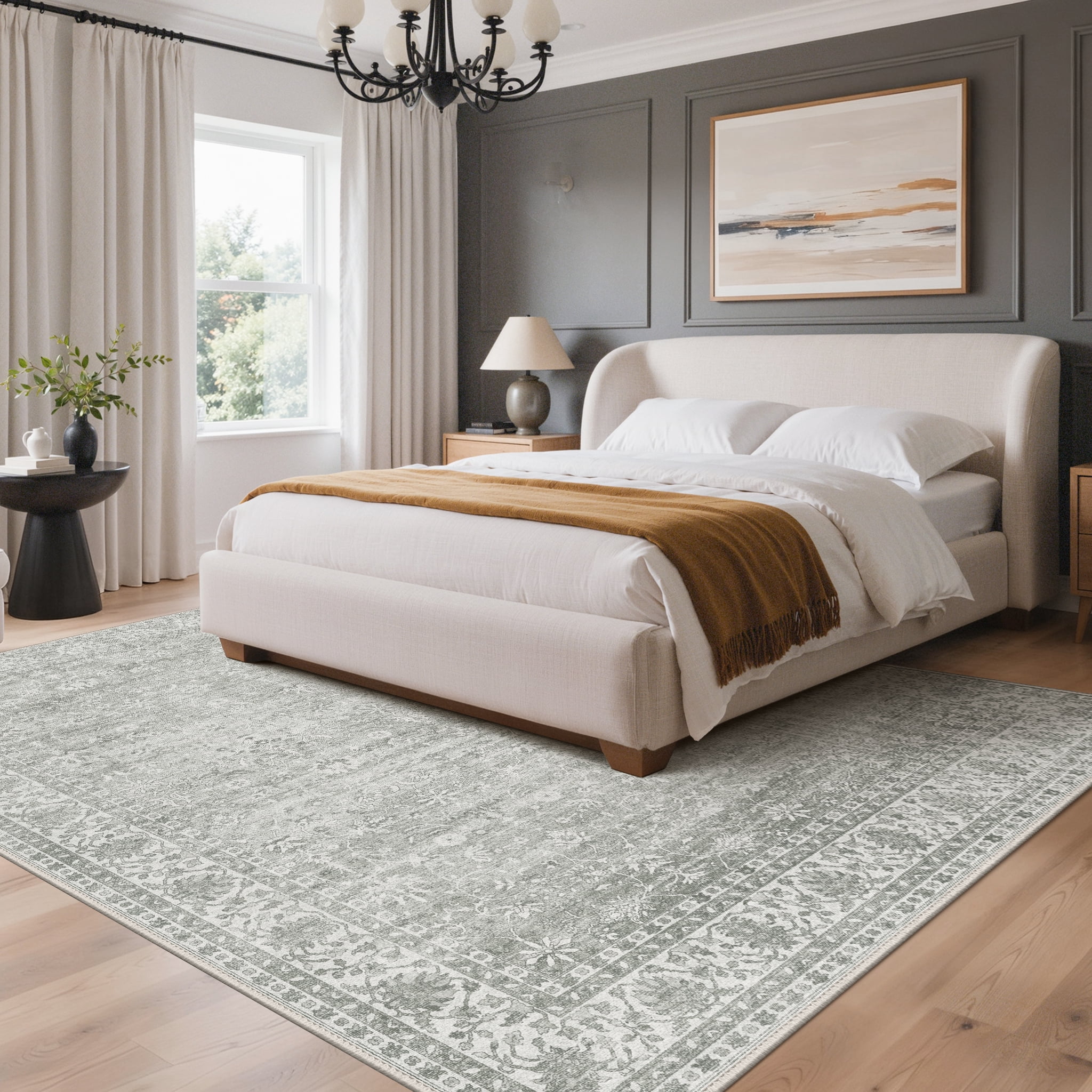 KUETH 5'x7' Area Rugs for Living Room, Non Slip Machine Washable Vintage Indoor Rug, Low Pile Chenille Print Rug for Bedroom Dining Room Home Office