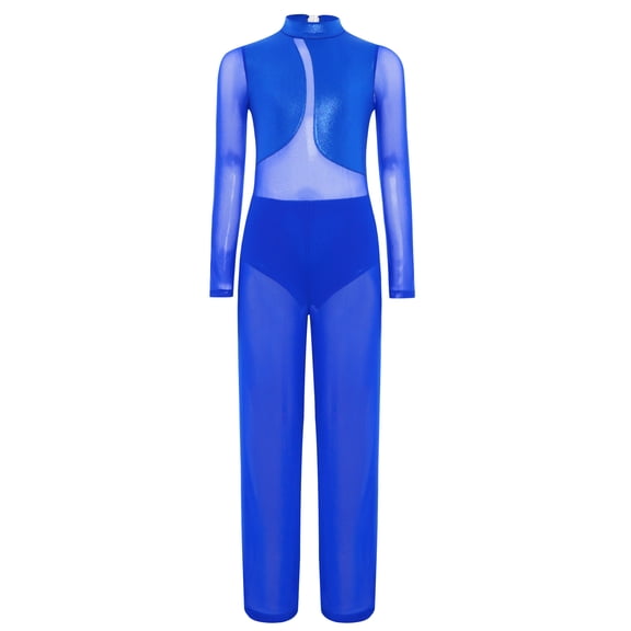 TSSOE Kids Girls Metallic Mesh Patchwork Wide-leg Jumpsuit Mock Neck Long Sleeve Keyhole Back Full Body Ballet Leotard Blue 14