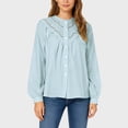 thumbnail image 2 of Lenpel Button down Shirts for Women Cotton Long Sleeve Mock Neck Pleated Lace Hollow out Tops Dressy Casual Blouses(Blue,X-Large), 2 of 6