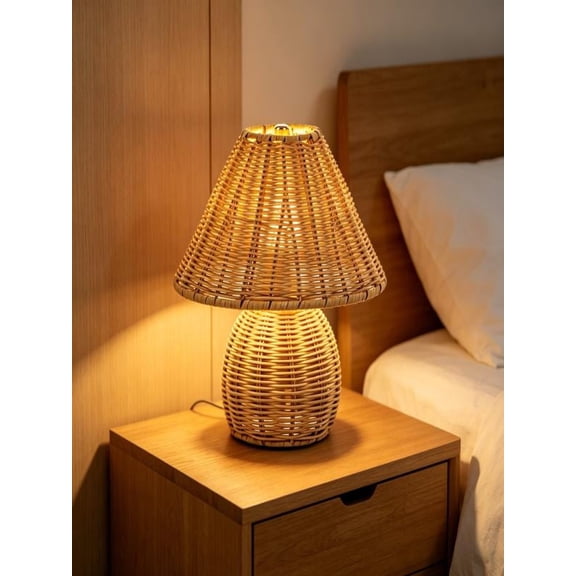 9" Rattan Portable Lamp, Cordless Wicker Desk Lamp with Dimmable LED, Boho Natural Rattan Design Table Lamp for Home, Patio & Camping