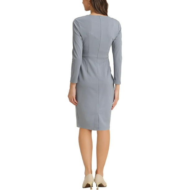 Inspire Chic Women's Peplum Bodycon Dress Crew Neck Long Sleeve High Waisted Midi Sheath Work Dress Blue Grey M