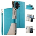 thumbnail image 1 of Funda cartera GANGXUN para iPhone 16 , cuero PU con tarjetero, cremallera, correa de mano, soporte y protección 930°, 1 of 6