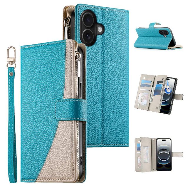 Funda cartera GANGXUN para iPhone 16 , cuero PU con tarjetero, cremallera, correa de mano, soporte y protección 930°